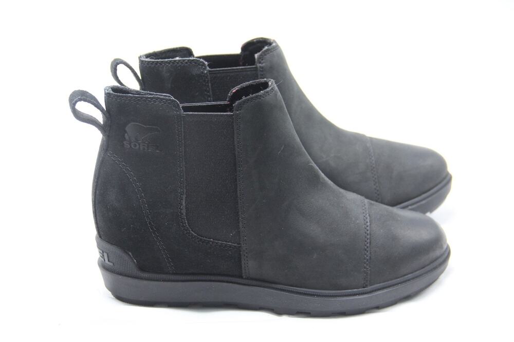 SOREL EVIE Boots Womens Size 8 Black Leather Wedge Pull-On Chelsea Ankle Hidden